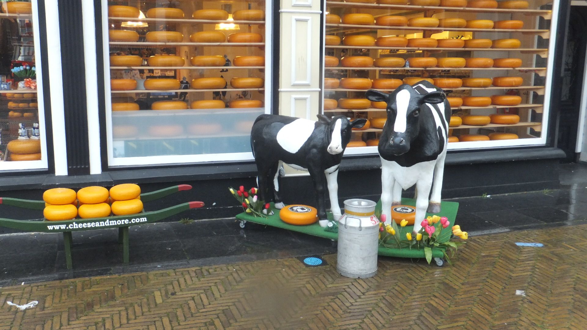 Vetrina di un negozio con tipiche forme di formaggio e sculture a forma di mucca.